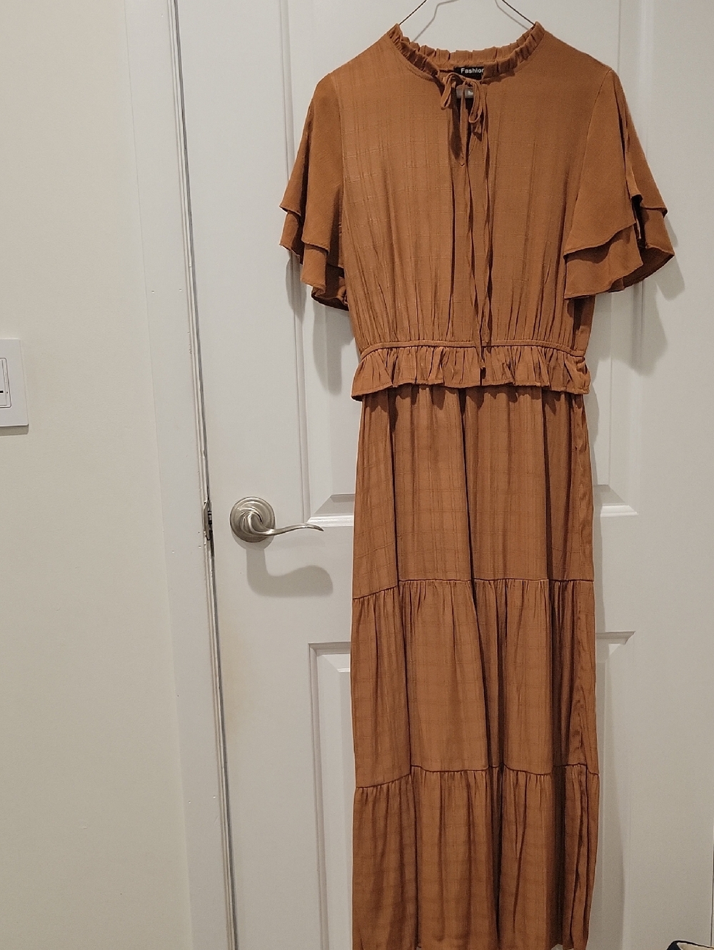 PrettyGarden Brown Tiered Boho Maxi Dress Size S Flutter Sleeve